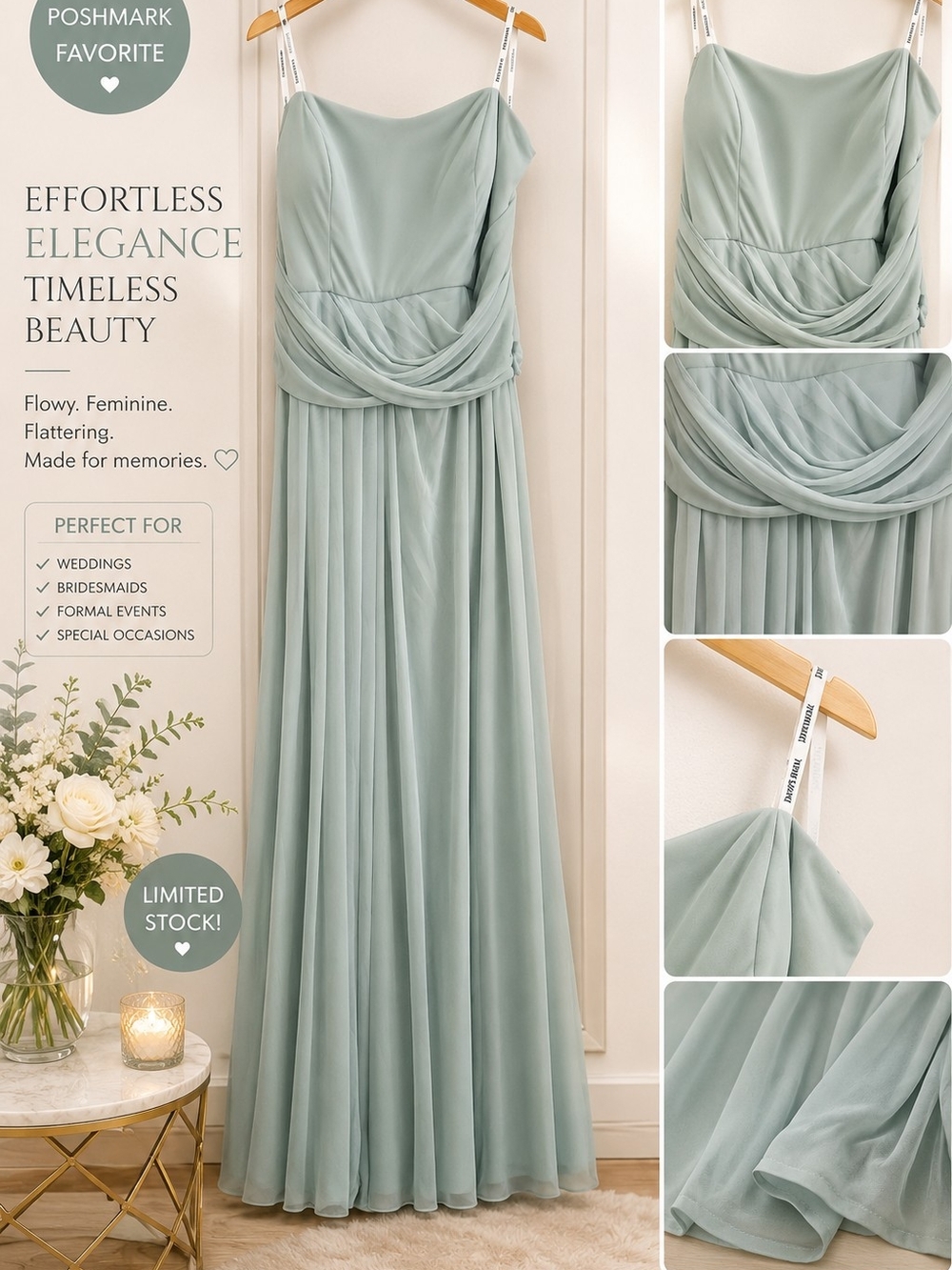 David's Bridal Sage Green Chiffon Maxi Dress | Formal Bridesmaid Gown | Elegant